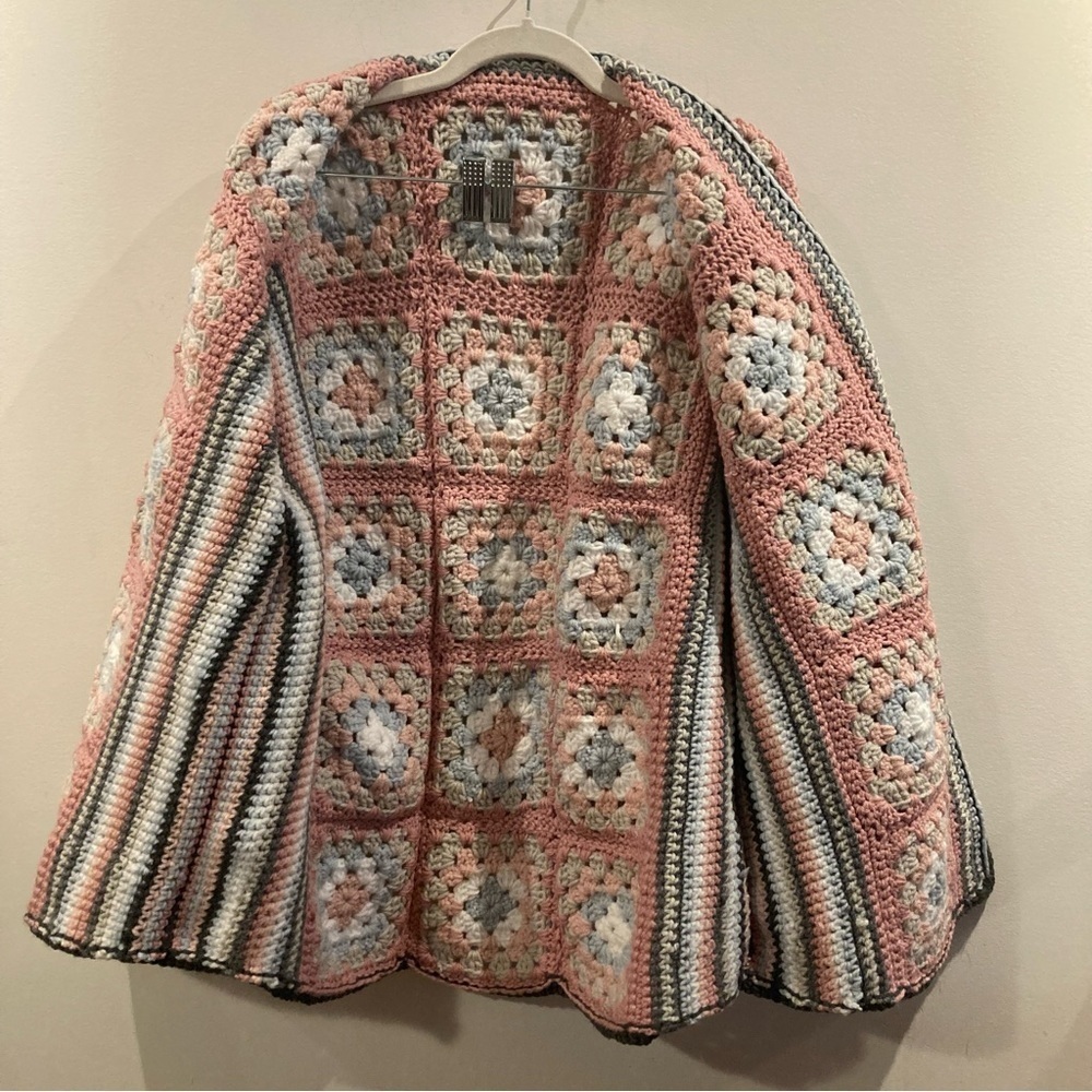 HANDMADE Sz L-XL Granny Square Motif Oversized Open Front Cardigan - Picture 3 of 6